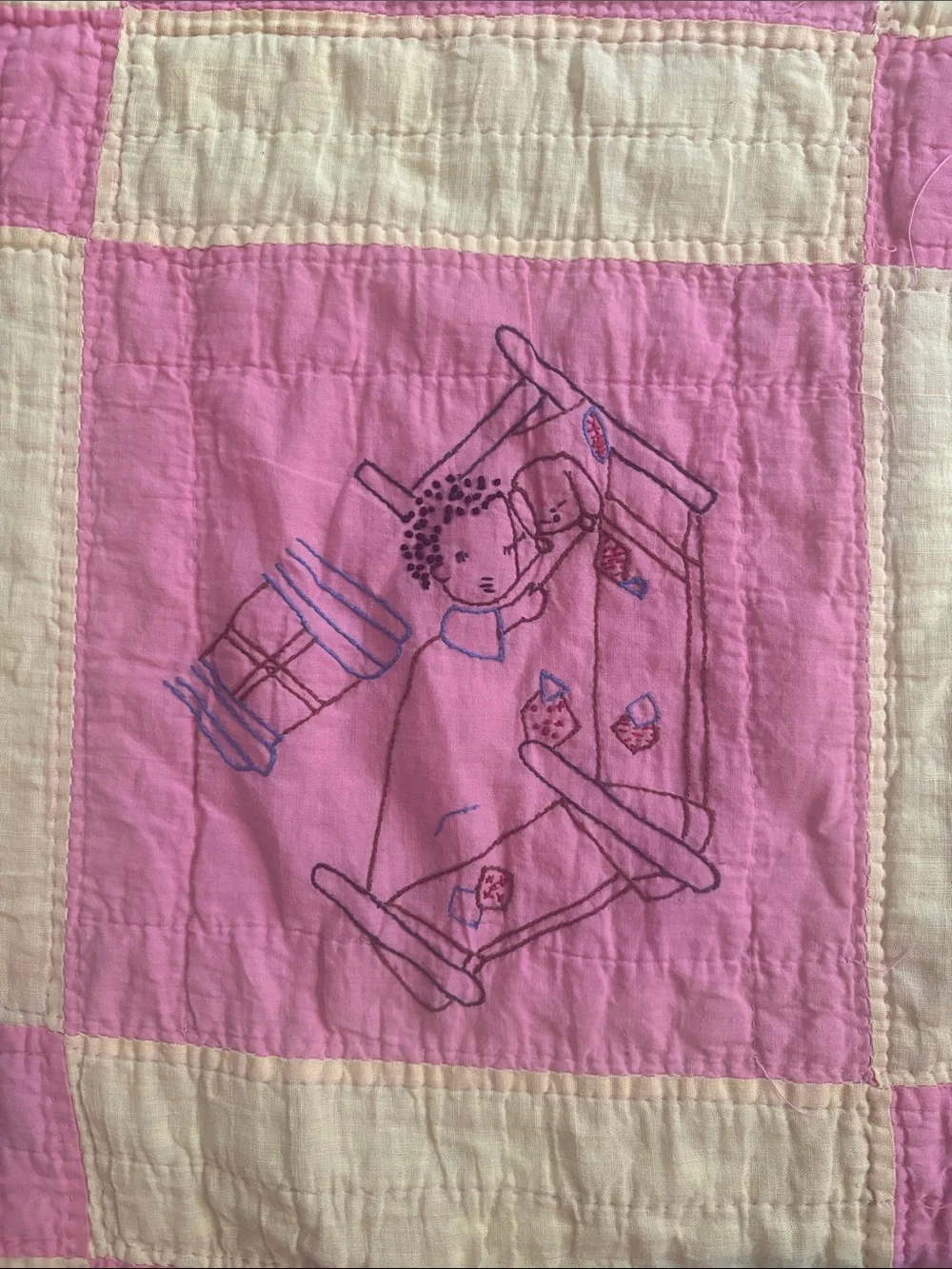 Vintage Pink and Yellow Patchwork Baby Quilt with Embroidered Design